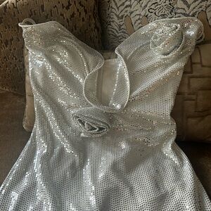 PLT Stunning, midi, silver gown with boning & rose, detail wedding size S
